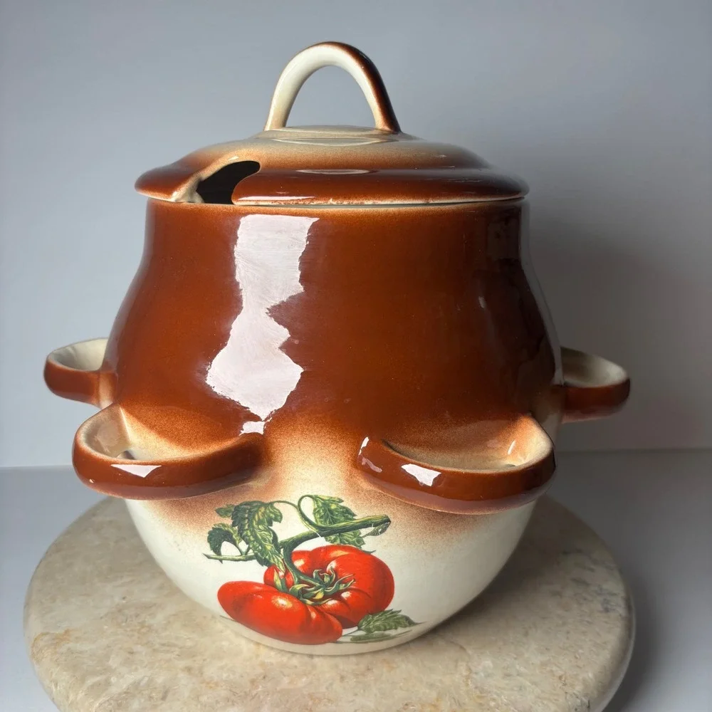 Vintage Ceramic Vegetable Soup Tureen Lidded Bean Pot Brown Cream 6-Handle Large
